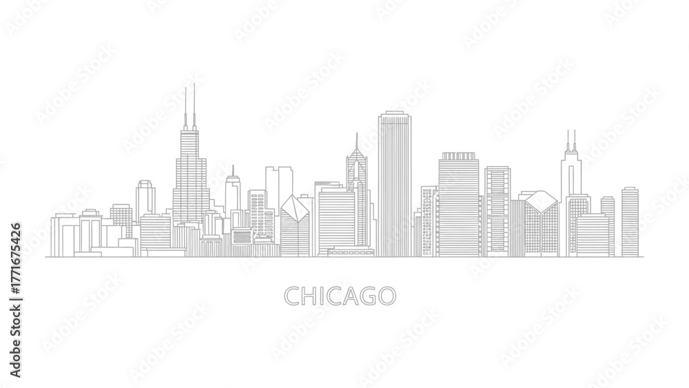 Fototapeta premium Chicago Skyline Sketch: A minimalist, artistic line drawing of the iconic Chicago skyline, with skyscrapers and architectural details subtly rendered.