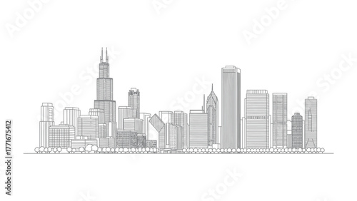 Urban Silhouette: A minimalist, elegant line drawing showcases a cityscape, emphasizing geometric forms and conveying the essence of urban architecture.