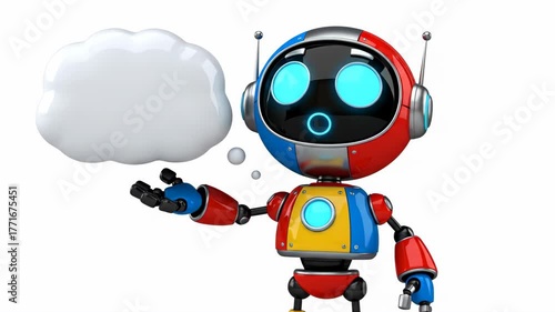 Friendly Cartoon Robot Waving Hello with Speech Bubble in Bright Digital Environment
