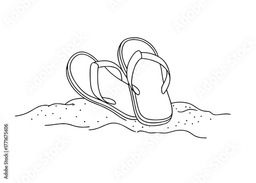 Flip flops resting on sandy beach in minimalist line art style  