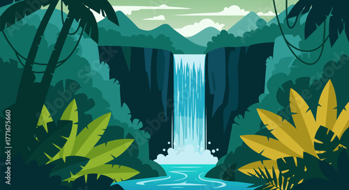 Serene tropical jungle landscape with a majestic waterfall cascading into a river, flat design vector illustration for nature backgrounds ee