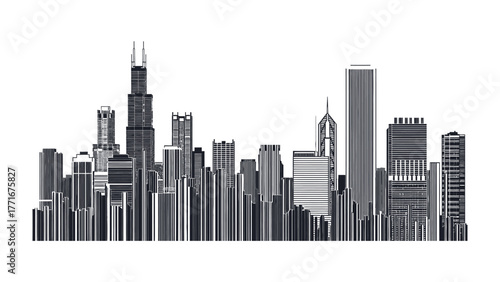 Urban Silhouette: A monochromatic cityscape portrays a dynamic skyline with architectural marvels. capturing the harmony of modern city life. 