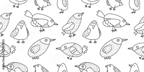 Cute Scandinavian Birds – Black and White Naive Bird Pattern for Kids Coloring Playful seamless pattern featuring hand-drawn birds in a naive Scandinavian style. The simple black and white line art 