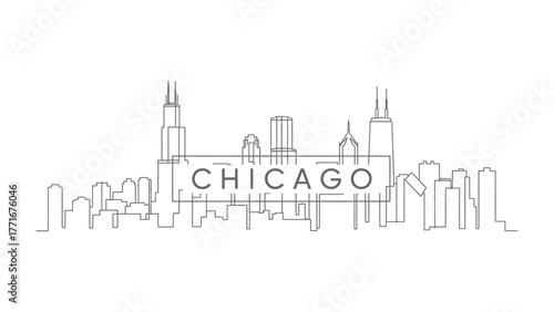 Chicago Skyline: A minimalistic linear drawing of the Chicago skyline, featuring iconic skyscrapers and architectural details. The city's name is subtly integrated, offering a modern graphic element.