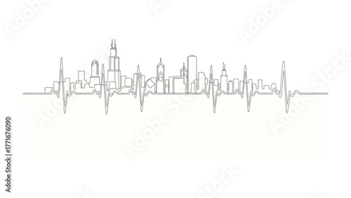 City Pulse: A unique and modern illustration that blends a cityscape with a heartbeat line, symbolizing the vibrant pulse of urban life. The image conveys the dynamic energy, rhythm, and life of city.