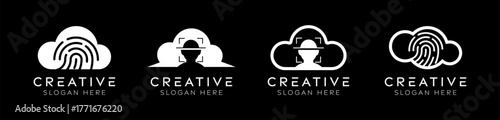 Set of human identity cloud logo design templates. Modern isolated cloud with fingerprint and face ID design for remote storage, identity verification, and biometric security.