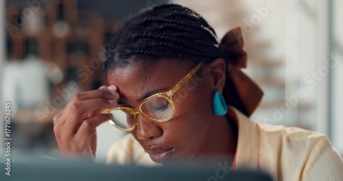Headache, fatigue and woman in office with computer, bad news and disappointment in web design agency. Tired, digital designer and black person in workplace with migraine, tech glitch and site crash.