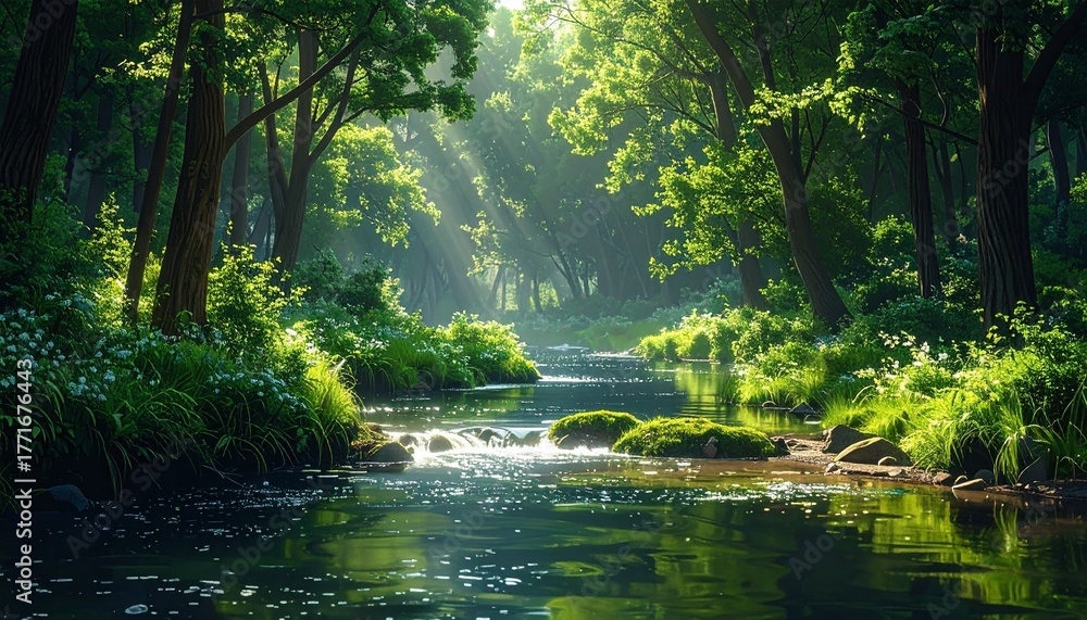 Obraz premium Serene Forest Stream Sunlight Filtering Through Lush Greenery and Refreshing Water Flow