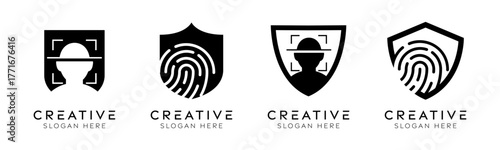 Set of human identity shield logo design templates. Modern isolated shield with fingerprint and face ID design for technology, identity verification and biometric security.