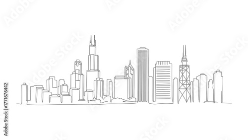 Cityscape Silhouette: A minimalist line drawing captures the essence of a vibrant cityscape, showcasing a skyline against a clear sky. 