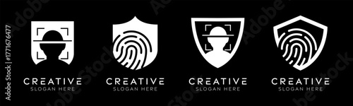 Set of human identity shield logo design templates. Modern isolated shield with fingerprint and face ID design for technology, identity verification and biometric security.