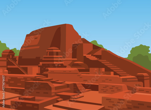 Flat vector illustration of Nalanda Mahavihara ruins, ancient Nalanda University site in Bihar India, historical red brick Buddhist monastery, heritage monument design for education, culture, travel