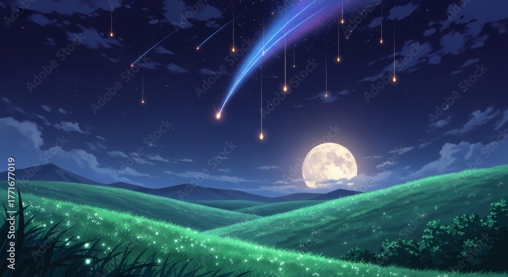 Naklejka premium Night Sky Meadow A Serene Landscape of Shooting Stars and Moonlight