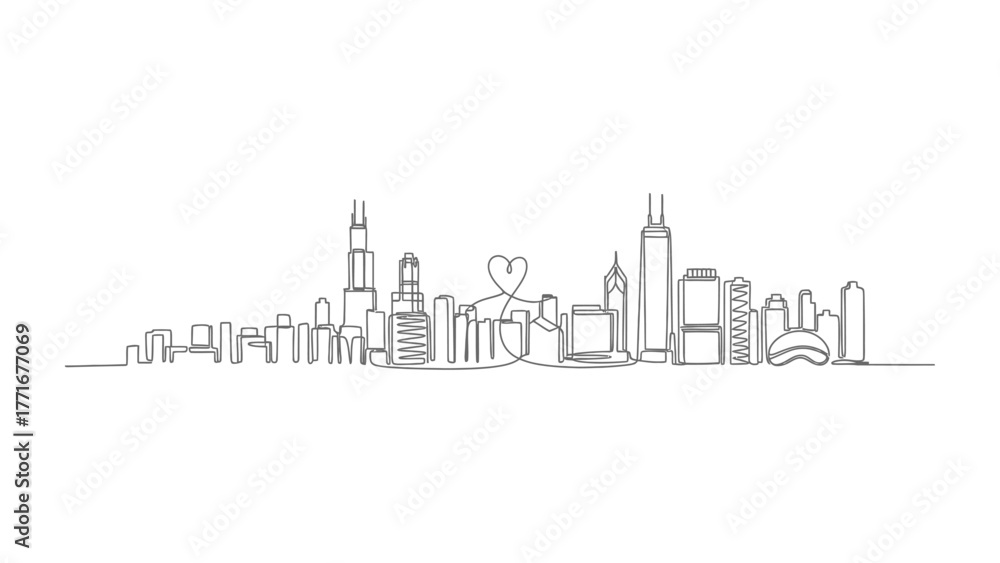 Fototapeta premium Chicago Skyline in Minimalist Outline: A stylized, minimalist depiction of a city's iconic skyline.