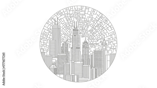 Cityscape in a Circle: A monochrome depiction of a city skyline, rendered in intricate detail, encapsulated within a circular frame, showcasing the urban landscape and architectural splendor.
