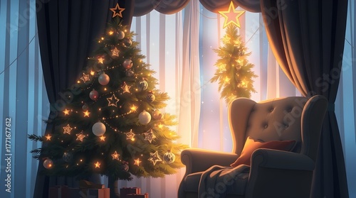 Cozy Christmas Tree by Window with Armchair and Gifts