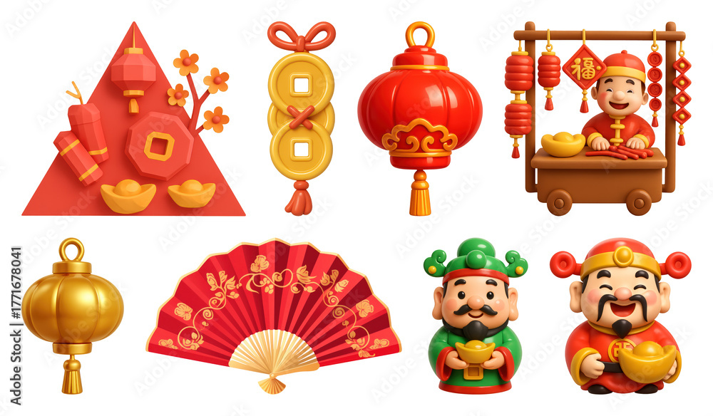 Fototapeta premium PNG Festive Chinese New Year icons, element set on transparent background