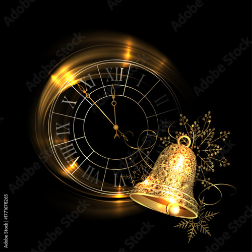 Merry Christmas. Isolated round clock with golden bell.