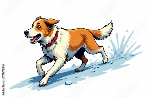 Sheepdog on frosty trail, happy expression, running pose, outdoor scene, vibrant illustration