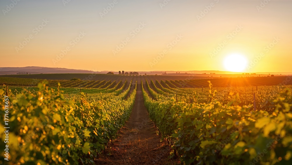 Fototapeta premium Golden Hour at the Vineyard Rows of Green and Brown, Touched by the Evening Light.