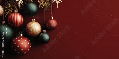 Group of assorted holiday ornaments hangs against a deep red background with sparse decorative elements