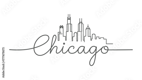 Chicago Skyline Silhouette: A minimalist, elegant line drawing captures the essence of Chicago's iconic skyline. The artwork showcases the city's architectural grandeur and artistic spirit.