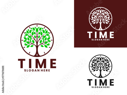Nature time logo design. Time combination with tree logo design vector template. Tree Time logo template