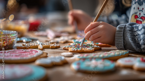 Child decorating christmas cookies with colorful sprinkles on a wooden table