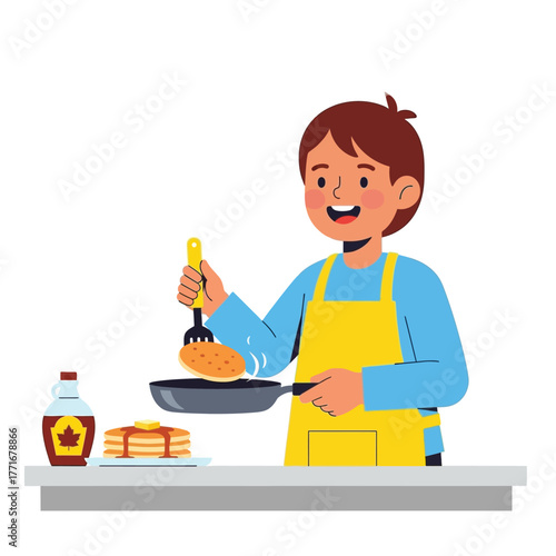 Boy Cooking Pancakes Breakfast Food, Illustration, Happy Kid