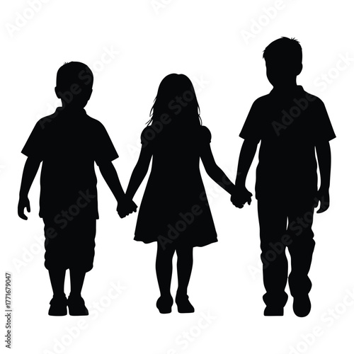 Three children silhouette holding hands walking together representing unity friendship and childhood innocence silhouette