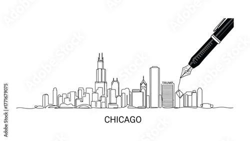 Chicago Skyline Sketch: A pen delicately sketches the iconic Chicago skyline, capturing the architectural essence of the city. 