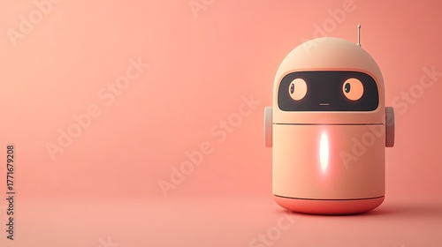 Cute robot character standing on a pink background with a minimalist design and soft lighting style
