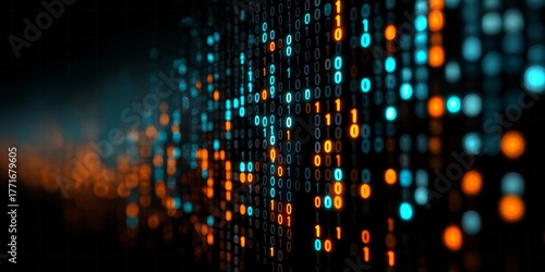 Digital stream of illuminated binary code flows across a dark background with depth of field effect