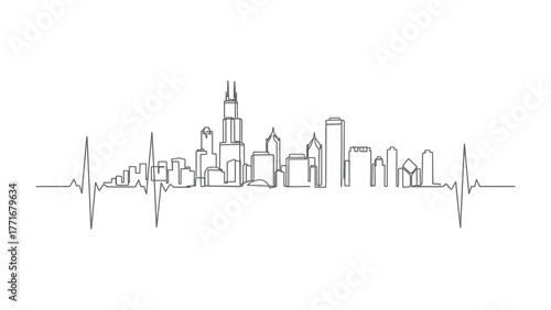 City Skyline Pulse: An artistic representation of a cityscape in a continuous line, interwoven with a heartbeat, symbolizes the vibrant energy and rhythm of urban life.