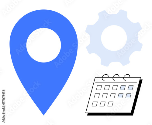 Blue location pin, calendar with days, and light gear. Ideal for logistics, planning, scheduling, time management, navigation automation software tools. A simple flat metaphor
