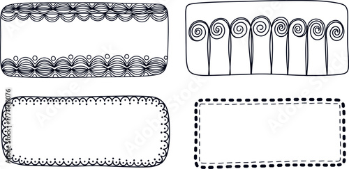 Four Unique Hand Drawn Frames with Curlicues, Dots, and Dashes for Artistic Designs
