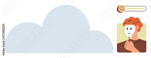 Person holding theatrical mask symbolizing anonymity large cloud, search bar for cloud services and digital themes. Ideal for online identity, data security, privacy, cloud tech, anonymity, cyber