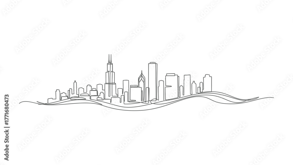 Fototapeta premium City Skyline Outline: A minimalist line drawing captures the essence of an iconic city skyline, emphasizing architectural silhouettes against a clear backdrop.