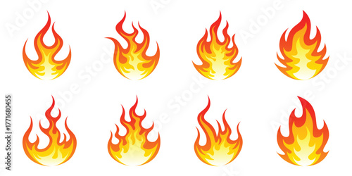 Cartoon fire flames, flame icons, campfire, Red hot flames campfire, set vector icons. Fire sign. Fire flame icon isolated on white background. Vector illustration