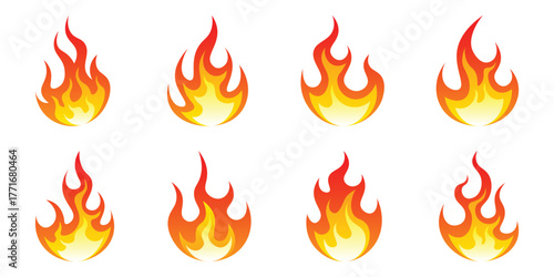 Cartoon fire flames, flame icons, campfire, Red hot flames campfire, set vector icons. Fire sign. Fire flame icon isolated on white background. Vector illustration