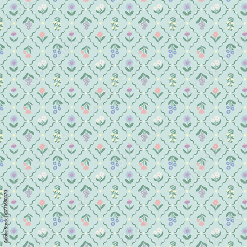 floral pattern with geometric trellis design