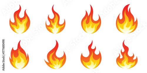 Cartoon fire flames, flame icons, campfire, Red hot flames campfire, set vector icons. Fire sign. Fire flame icon isolated on white background. Vector illustration