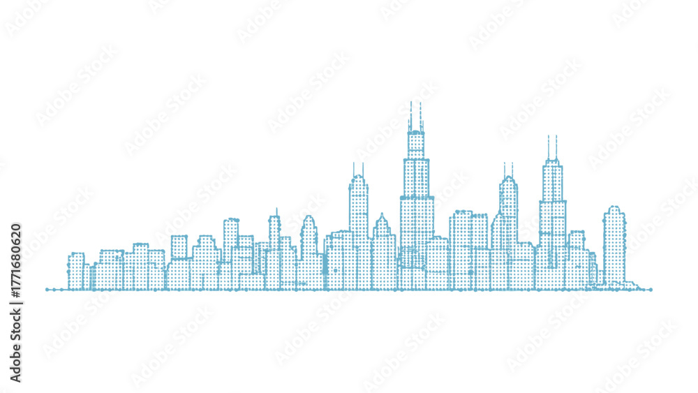 Obraz premium Cityscape Vector Outline: A simple vector illustration of a Chicago city skyline, featuring iconic skyscrapers and architectural landmarks in blue line work against a white backdrop.