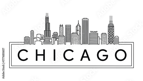 Chicago Cityscape Line Art: A minimalist line art illustration of the Chicago skyline, featuring iconic skyscrapers and landmarks against a crisp canvas, capturing the essence of urban architecture.
