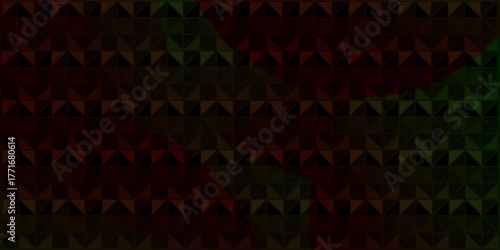 Dark abstract geometric background with a repeating tessellation of red and green triangles.