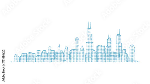 Cityscape Vector Outline: A simple vector illustration of a Chicago city skyline, featuring iconic skyscrapers and architectural landmarks in blue line work against a white backdrop.