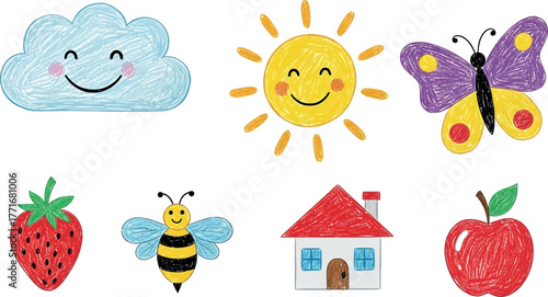 Cheerful Hand Drawn Springtime Icons Cloud Sun Butterfly Strawberry Bee House and Apple Set Against White Background