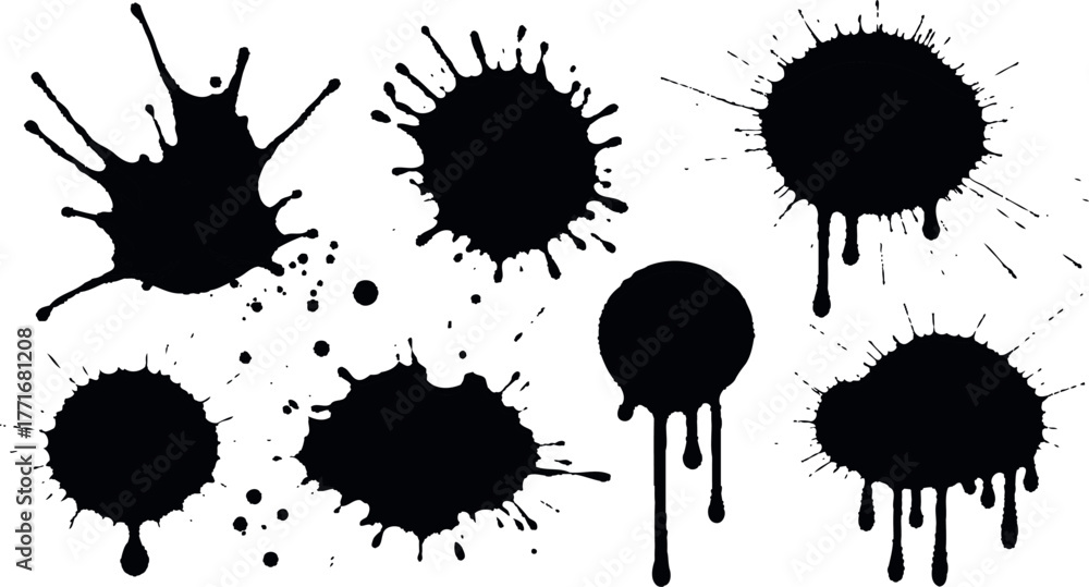 Fototapeta premium Black ink blots, splatters, and drips form a set of grunge design elements