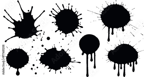 Black ink blots, splatters, and drips form a set of grunge design elements