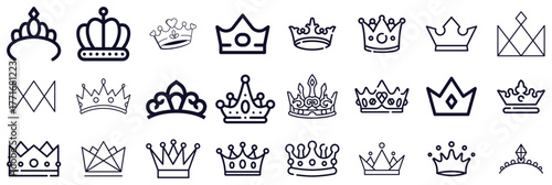 Collection of various crown icons in outline style